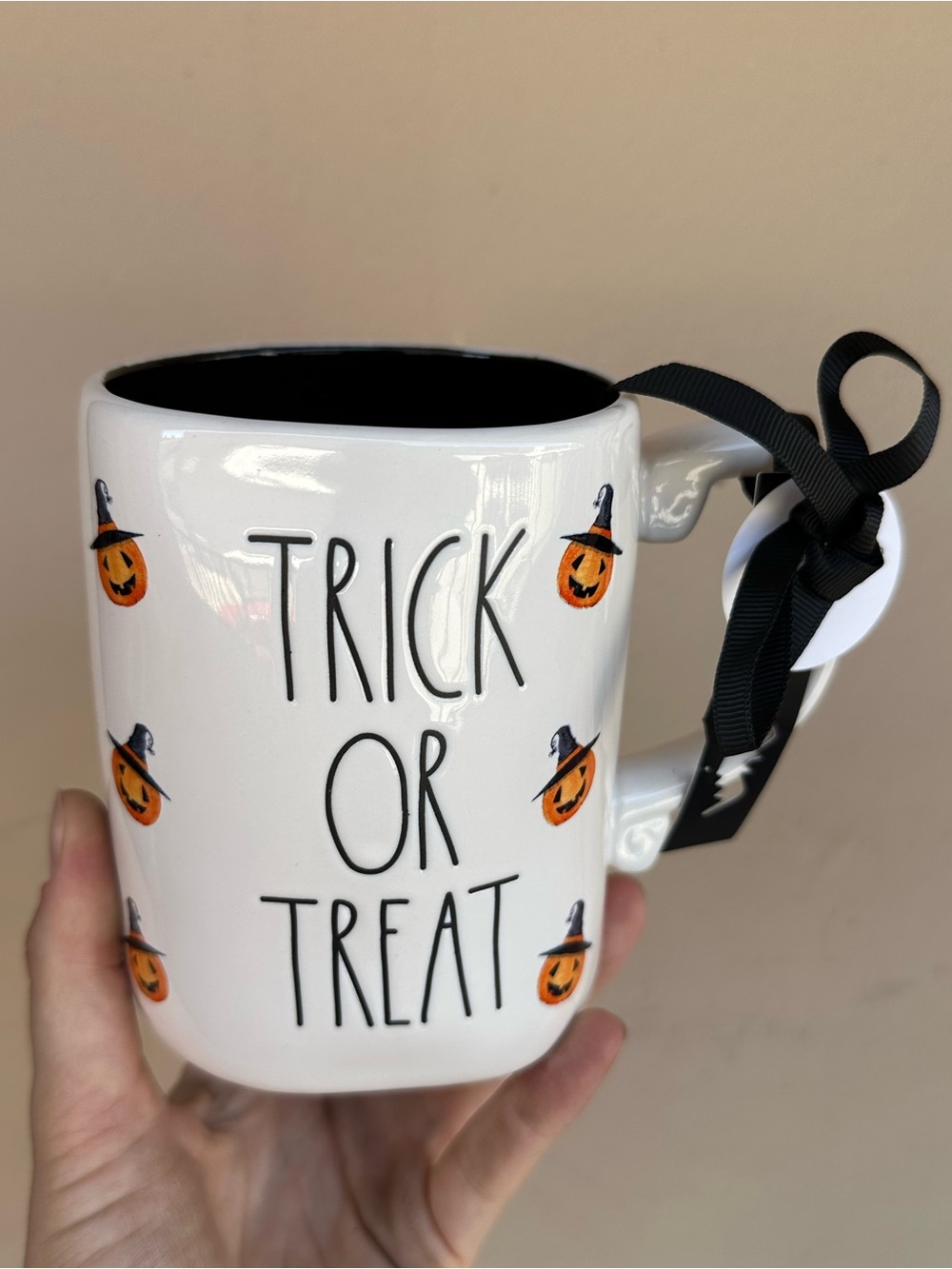 Rae Dunn 🎃 Pumpkin Witch Hat TRICK OR TREAT White Mug with Black Interior